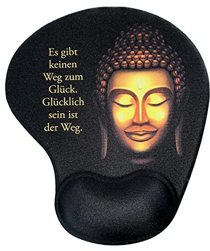 Buddha Mauspad mit Handballenauflage – Ergonomisches Mousepad mit Spruch „Glücklich Sein ist der Weg“ – Rutschfestes Pad fürs Büro, Homeoffice & Gaming, Geschenkidee Achtsamkeit