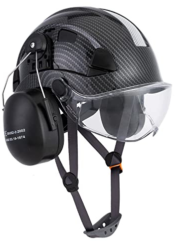 LOHASPRO Casque de sécurité pour arboriste forestier avec visière et cache-oreilles en fibre de carbone pour la coupe de bois, casque de tronçonneuse (motif graphite noir avec visière transparente +