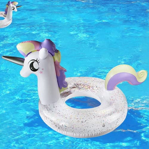 Aufblasbare Einhorn Luftmatratze mit Glitzer Pool Float Schwimmen Floß Strand Schwimmbad Spielzeug Schwimmsitz Für Kinder und Erwachsene