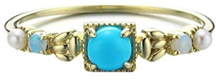 KnBoB 585 Gold Ring, Damen Ring, 4 Klaue Blau Rund Türkis mit Weiß Rund Opal Ringe Trauringe Größe 52 (16.6)