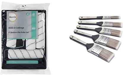 Harris 102012009 Seriously Good Walls & Ceilings Paint Roller Set 9in & Seriously Good No Loss Paint Brushes for Walls and Ceilings, 5 Brush Pack, 0.5 1 1.5 2