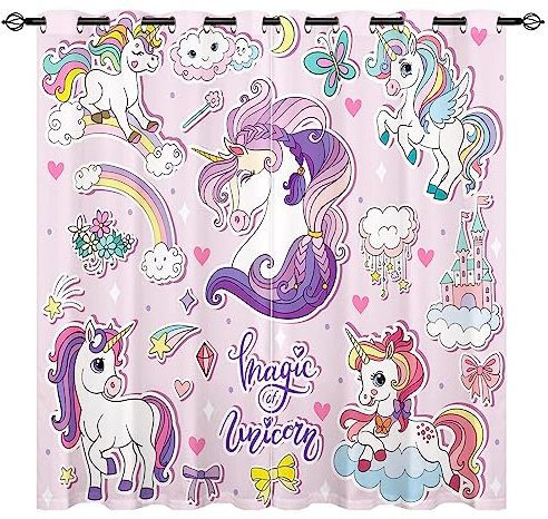 YUANZU Einhorn Vorhänge Kinder Regenbogen Tier Druck Ösen Gardinen mit Blickdichte Vorhang Kälteschutz Blackout Curtain Mädchenzimmer Schlafzimmer Verdunkelung Fenster, 2 Stück, H 114 x B 132 cm