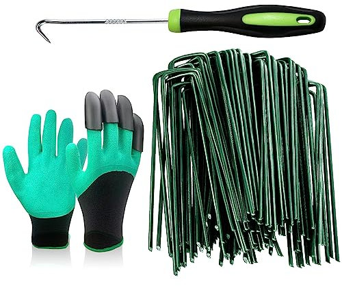 Bakulyor 200 grapas de paisaje verde de 6 pulgadas, estacas de césped artificial de jardín, calibre 11, pines de tela galvanizados para césped para barrera de malezas, decoración de césped, valla de