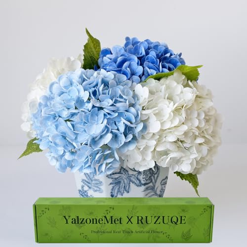 YalzoneMet 4 hortensias Artificiales de Tacto Real, Naturales, realistas, de 21 Pulgadas de Largo, de látex, Regalo para el hogar, Fiesta, al Aire Libre, Boda, Centro de Mesa, decoración, 2 Blancos +