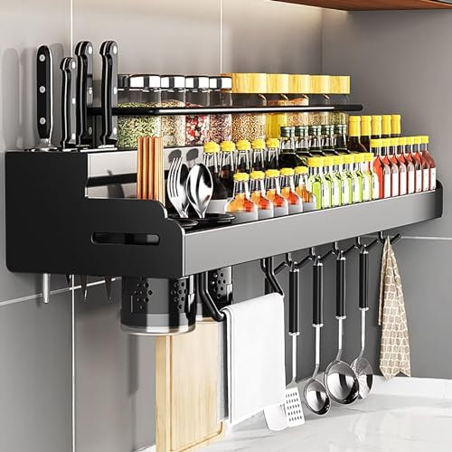 Edumov 80cm Gewürzregal, Gewürzregal Wand Ohne Bohren, Küchenregal Hängend mit Utensilienhalter, Wandregal Küche Gewürzhalter aus Kohlenstoffstahl, Spice Rack Organizer für Schranktür(Schwarz)