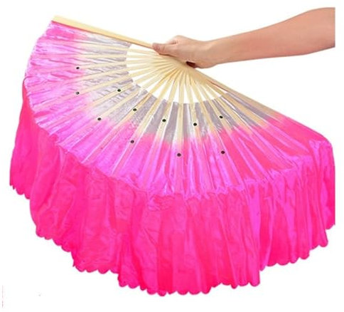 Bauchtanz Fan Handfächer for Kinder, Mädchen, Tänzerin, Schleier, Kunstseide, Bambusfächer, Paar, Volkstanz, Farbverlauf, Rosa, Rot, Grün (Color : Gold, Size : 1pcs Right 1pcs Left)