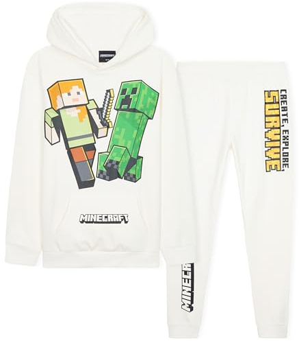 Minecraft Boys Tracksuit Set Comfy Loungewear Activewear - Gaming Gifts for Boys (White, 7-8 Years)
