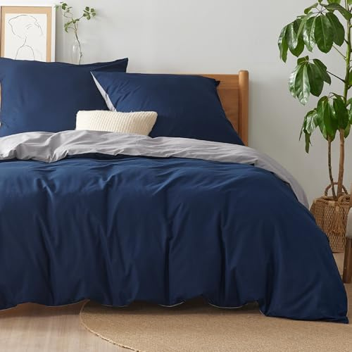 BEDSURE Bettwäsche 220x240 Baumwolle 3tlg. - Blau/Grau Set 2x80x80 Kissen | 100% Baumwolle Bettwäsche-Sets mit Reißverschluss, OEKO-TEX Zert, Weich, Sicher, Atmungsaktiv, Hautfreundlicher Komfort