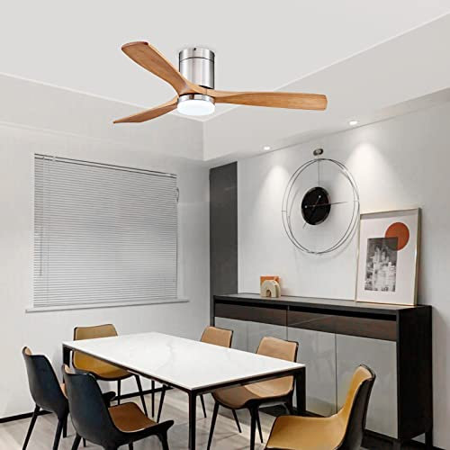 OHMG Ventilatori da soffitto con luce e telecomando,Ventilatore da soffitto con lampada LED integrata,Pale in legno naturale addensate,Silenzioso,3 velocità,3 luminosità,Φ132 cm