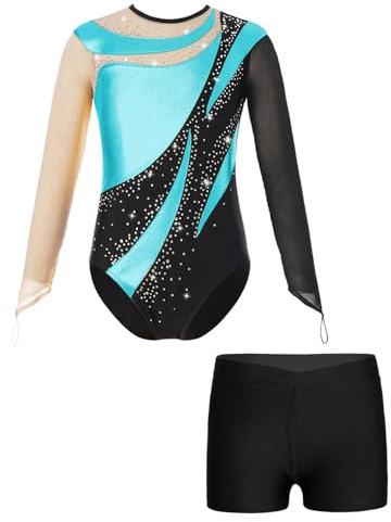 Yruioon Mädchen Turnanzug Glitzer Gymnastikanzug mit Shorts Langarm Ballettanzug Gymnastik Leotard Akrobatik Anzug Wettbewerb Tanzkostüm