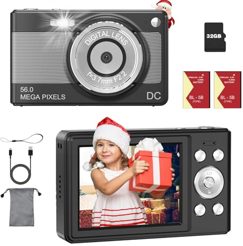 Appareil photo numérique compact pour enfants, zoom 8x, 56 MP avec carte de 32 Go et 2 batteries, appareil photo numérique pour adolescents, étudiants, débutants (noir)
