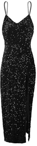 Sexy V Neck High Split Maxi Dress Women Sparkly Sequin Evening Dinner Prom Gown Floor Length Formal Dress Bling Birthday Cocktail Party Night Out Bodycon Sleeveless Long Dress Clubwear Black