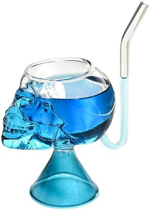Halloween Skelett Glasbecher - Totenkopf Gläser mit Glasstroh - Glas Kristall Becher - Cocktailgläser Schädel, Schnaps Gläser, Wein Tasse Schnapsgläser, Whisky Wodka Absinth (Blau)
