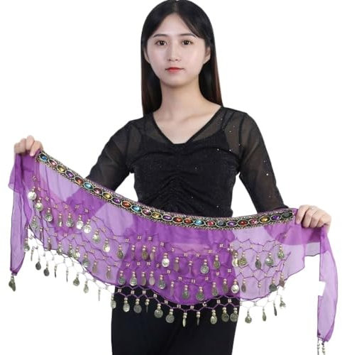 HESHUYAN Bauchtanz HüFttuch Tänzerin Rock Frauen Bauchtanz Hüfttuch Wrap Gürtel Tänzerin Rock weibliche Show Kostüme Pailletten Quasten Bauchtanz KostüM Damen(Purple)