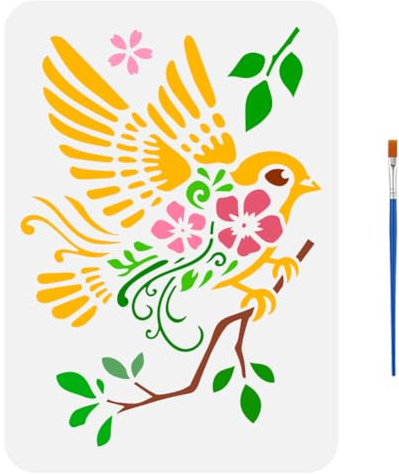 FINGERINSPIRE Zeichenschablone Spatzen Auf Ästen Mit Einem Pinsel 29.7x21cm Blumen Blätter Äste Malvorlage Vogelmuster Dekor Schablone Zum Malen Auf Holz Wänden Stoffen Und Möbeln