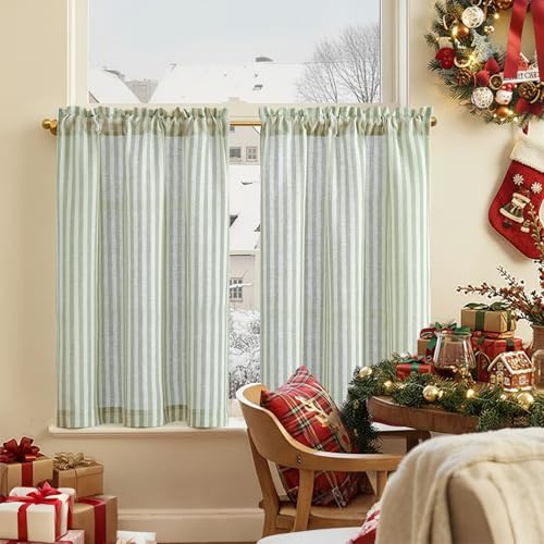 TOPICK Green Striped Linen Look Kitchen Curtains 30 Inch Drop, Rod Pocket Small Window Drapes for Living Room, Bathroom, Cupboard, Bedroom, Light Filtering Pinstripe Cafe Curtain 2 Panels, W26 x L30