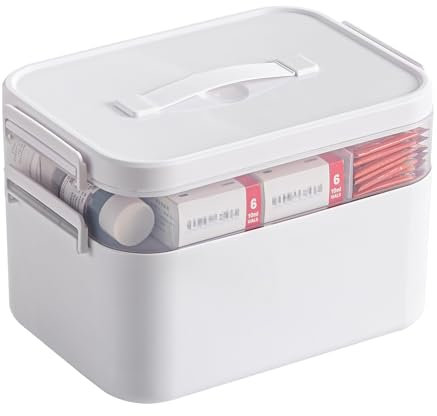Gifhomfix 2-Tier Portable Medicine Storage Box, Medical Boxes with Handle and 1 Removable Tray, Plastic First Aid Box Empty, First Aid Storage, Medical Organizer with 3 Compartment, for Home, School