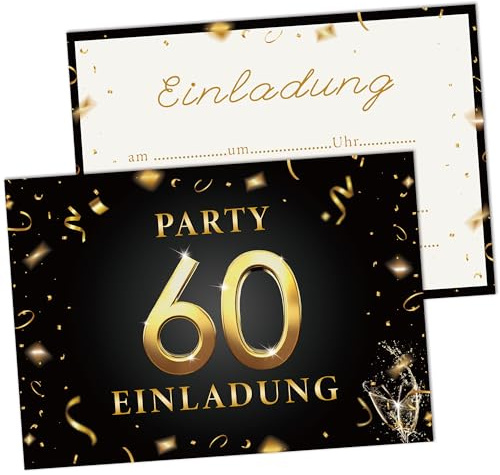 AWCIGG Einladungskarten 60. Geburtstag Frau Mann, 15 Stück karten zum 60. Geburtstag blanko A6 (148x105mm), Kartenset in Schwarz & Gold, Beschriftbare 60 geburtstag Seinladungen, Partyzubehör