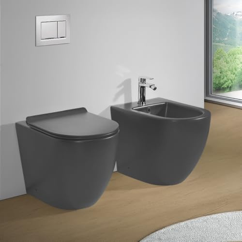 Sanitari Filomuro in Ceramica Grigio Opaco con Copriwc Soft Close e Scarico a Tornado – Set WC e Bidet Linea Tokyo Design Moderno