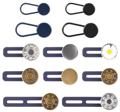 GrueGard Kit 12 Extensores de Cinturón Pantalón | Sin Costuras | Extensión Talla Hombre y Mujer | Botón Alargador Metal y Plástico | Para Jeans, Embarazo, Diario