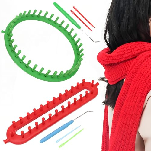 CHENNAN 2 Stück Strickrahmen Dichter Zahn Knitting Loom Set mit Haken und Wolle Nade Rund und Rechteckig Strickmaschine Knitting Loom Set für Stricken von Schals, Handschuhen, Mützen, Decken (25cm)