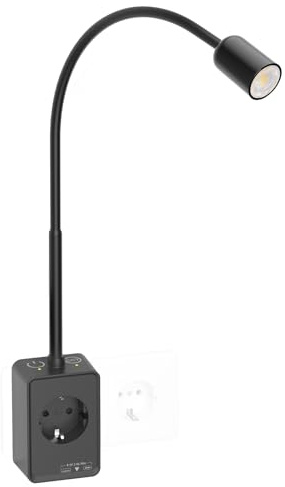 PRINCEWAY Lampara Aplique de Pared Mesita de Noche Negra, Lectura Foco LED Regulable con Enchufe y Toma de Corriente, Dos Interruptores Táctiles, 3 Modos Colore de Iluminación, Salida USB