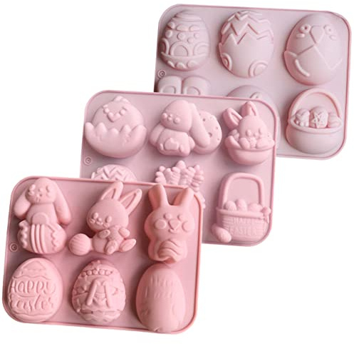 Healifty 3pcs Easter Silicone Molds for Baking Chocolate Bunny Egg Basket Shapes Food Grade Non Stick Flexible Small Moulds for Fondant Cake Decorating and Candy Making