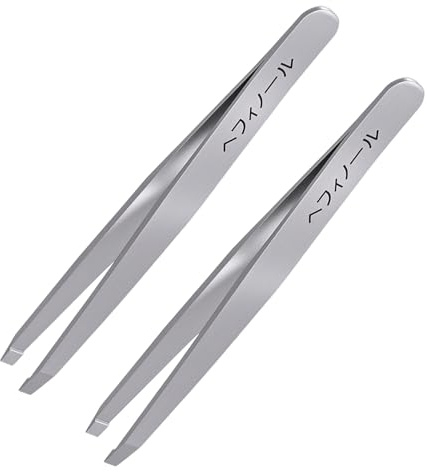 2Pcs Eyebrow Tweezers, Slant Eyebrow Pluckers for Women and Men, Stainless Steel Facial Hair Removal Plucker with Travel Case (Silver)
