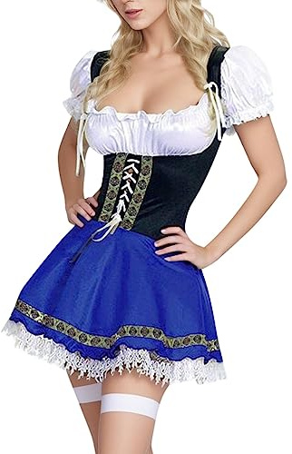 Donna Abito Dirndl Oktoberfest Costume Tirolese Dirndl Tradizionale Mini Gonna a Maniche Corte per Oktoberfest Tedesca Abito Tirolese Gonna Set Oktober Fest di Ottobre (2-Blue, L)