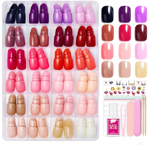 576PCS Nägel Zum Aufkleben - 24 Farben Natürlich Einfarbig Künstliche Nägel Short Square, Kurz Press on Nails - Full Cover Fake Nails mit Nagelkleber für Frauen (Square Rot Rosa)