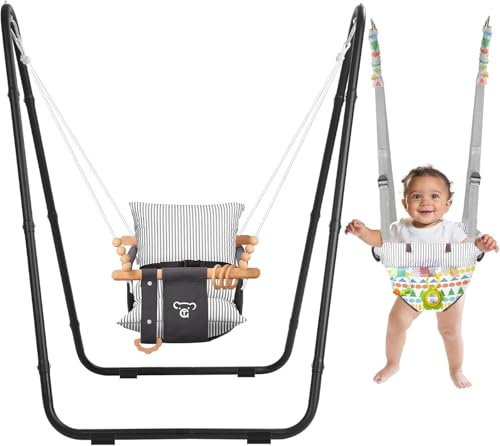 2-i-1-babygunga/gunga/gungbräda för småbarn, lämplig för inomhus- och utomhusbruk, den har ett femppunkts säkerhetsbälte, en utrymmesbesparande design och är stabil och säker för spädbarn