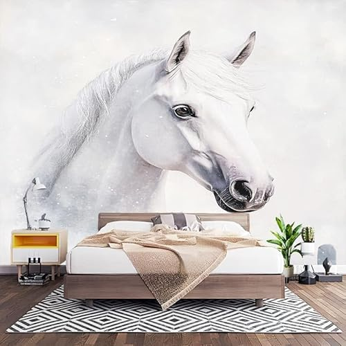 Papel Pintado Panorámico Fotomurales Pintura de Acuarela de Caballo Animal 450x315 cm, Murales de Pared Decoración Póster in Tejido No Tejido Blanco Personalizado 3D Para Salón Dormitorio Oficina