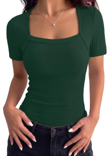 Aottori Maglietta Donna T Shirt Scollo Quadrato Manica Corta a Coste Slim | Viscosa morbida ed elasticizzata, scollo quadrato, maniche corte e coste, slim fit per ufficio e tempo libero