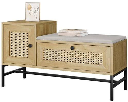 Garvee Banc De Rangement en Rotin avec Tiroir, Coffre De Rangement en Bois avec Coussin en Lin, Banquette Rembourrée pour Chambre, Entrée, Salon 100 x 38 x 46 cm