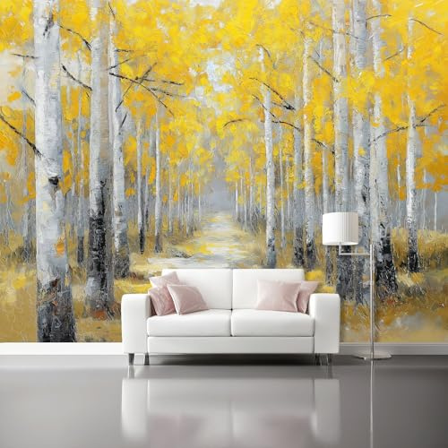 Fototapete 400 x 280 cm 3D Vliestapete Wandbild, Naturwald Mustertapete Wandtapete, Wohnzimmer Schlafzimmer Tapete Mädchenzimmer Spielzimmer Kindertapete Wanddeko, Gelbe Blätter