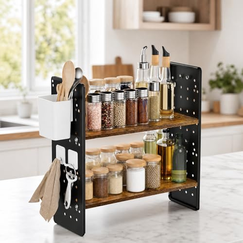 anrekl KüChen Organizer Regal mit 2 Ebenen, Schreibtisch Regal mit Abs-Haken und Aufbewahrungsboxen, Kleines KüChenregal für KüChe, Esszimmer, BüRo, KüChenregal Schwarz, 40×15×40cm