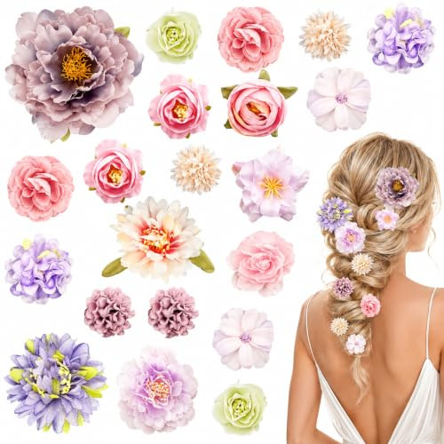Zosutetoxo 21 piezas Set de horquillas para el cabello con flores boho, adorno floral para el cabello en rosa y lila, joyería nupcial para bodas, festivales y vacaciones en la playa