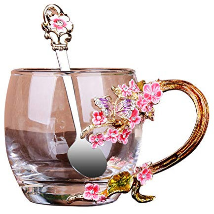 XuanMax Pink Flor del Ciruelo Taza de Café de Esmalte de Vidrio con Cuchara Mariposa Tazas de Té de Cristal Cristalina Hecho a Mano sin Plomo Copa Taza de Flores Transparente - Corto