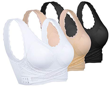 Vertvie Damen Sport BH Spitzen BH Frauen Bustier Lace Bra Dünn Front Closure Push Up Ohne Bügel Top für Yoga Fitness Training Stretch Wohlfühl-BH (Schwarz+Weiß+Haut, XL)