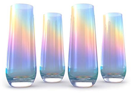 Iridescent Luster Pearl Radiance Set of 4 Champagne Glasses 10oz Each - Radiance White Pearl Whimsy and Nostalgia Large Wine Glass, Colored Wine Glasses, Iridescent Wine Glasses, Rainbow Glasses