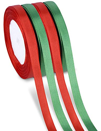 100m 4 Rollen Satinband Geschenkband Dekoband Schleifenband Bänder für Weihnachten Dekoration (Rot, Grün)