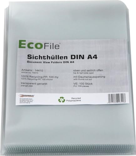 Sichthüllen A4 Recycling‑PP 100 my genarbt Daumenaussparung 100Stk | 100 my Recycling‑PP, transparent genarbt, oben/seitlich offen, mit Griffloch – foto‑ & dokumentenecht