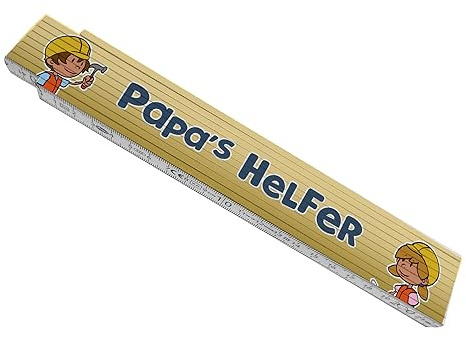 Meterstab aus Holz mit niedlichem Motiv für Kinder und Spruch - Papa's Helfer als lustiges Geschenk für kleine Bauarbeiter die gerne mal ihrem Papa in der Werkstatt helfen Dinge