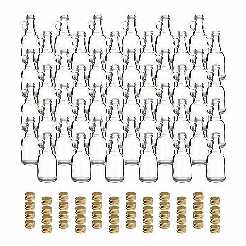gouveo 48er Set Glasflaschen 40 ml mit Henkel und Schraubverschluss - Mini Bügelflasche zum Befüllen - Kleine Henkel-Flasche für Likör, Schnaps, Öl (HF040SG)