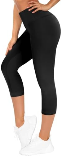 TNNZEET High Waist Cropped Leggings for Women UK, 3/4 Black Leggings for Yoga Sports (Black, L-XL)