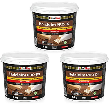 Isolbau Holzleim PRO-D3-3 x 5 kg Eimer Extra starker Holzkleber für alle Holzarten, für Innen & Außen, Wasserfest, Lösemittelfrei