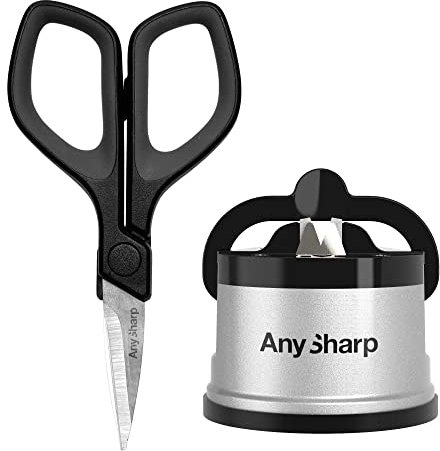 AnySharp - Messerschärfgerät & Mini-Schere Bundle | Sicher & Freihändig Schärfen | Hochwertige Stahlschere | Platzsparendes Design, Silber, Acrylnitril-Butadien-Styrol