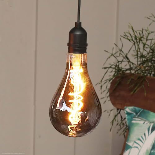 hellum Hängelampe mit Batterie und Fernbedienung outdoor, A100 Ø 10 x 20cm, smoky Glühbirne, dimmbare Retro Hängelampe mit Batterie (4xAA nicht inkl.) 150445