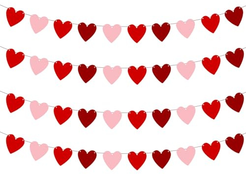 BLMHTWO 4 Pieces Heart Valentines Day Decor, Red Felt Heart Garland for Valentines Day Decor, Hanging Heart Decorations for Engagement Wedding Anniversary Party