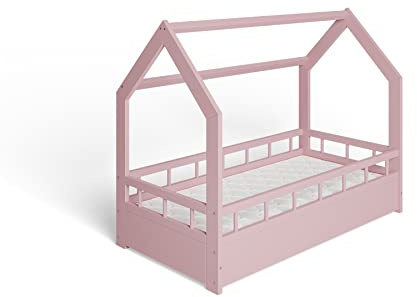 ms factory Hausbett mit Matratze Kinderbett 70x140 cm mit Rausfallschutz und Lattenrost - Einzelbett aus Kiefernholz für Mädchen und Junge - Rosa